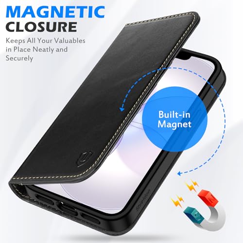 SHIELDON Genuine Leather Wallet Case for iPhone 17e/16e 6.1", Retro Black | Magnetic Closure, RFID Blocking, Credit Card Holder, Kickstand, Folio Design, Shockproof Phone Cover for Men Women - color: Retro Black
