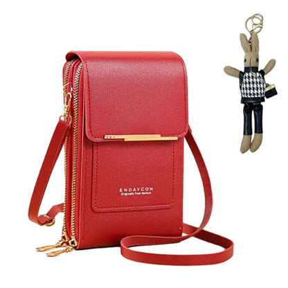 Women's Touch Screen Mobile Phone Messenger Bag, Waterproof Leather Touch Screen Crossbody Phone Purse - color: Red