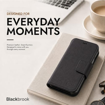 BLACKBROOK Detachable Leather Wallet Case Compatible with iPhone 17 Pro | Full-grain detachable folio with RFID blocking, 3 card slots, ID window, built-in kickstand, wireless charging, handcrafted. - color: Pebble Black, size: iPhone 17 Pro