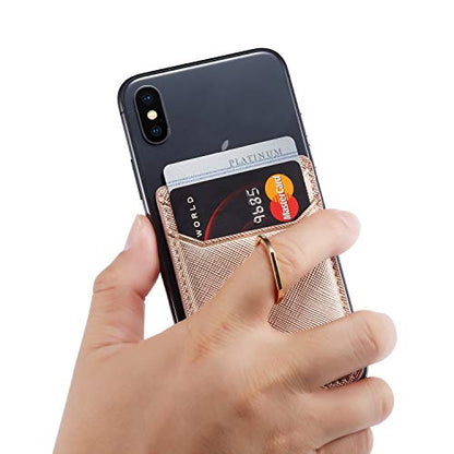 2Pcs RFID Leather Card Holder for Phone, Stick-On Wallet with Ring | Phone Wallet Stick On Back Of Phone Case. Adhesive For iPhone Wallet Holds Credit Cards/ID/Pockets. Viewing Freely Ring Stand - color: Rose/Gold