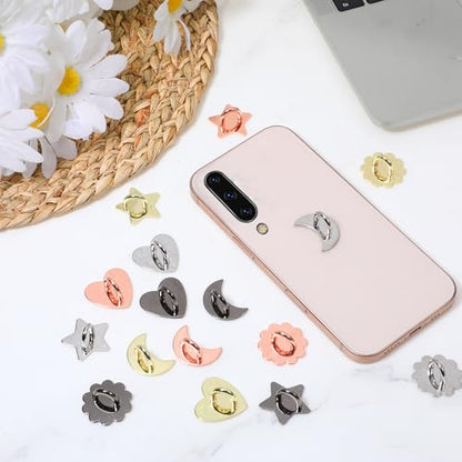 16PCS Metal Phone Ring Holder Heart Finger Ring Stand Adhesive Sunflower Star Shaped Various Styles Smartphone Grip Moon Charm Hook Smartphones Grip Loop Accessories for Mobile Case Pad Tablet