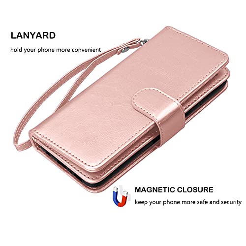 NJJEX iPhone 13 Mini Wallet Case, 9 Card Slots, Rose Gold | PU leather, ID Credit Card Holder, detachable folio flip, magnetic cover, kickstand, lanyard included - color: Rose Gold