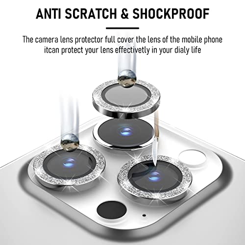 Suoman 3-Pack for iPhone 13 Pro 6.1 inch / 13 Pro Max 6.7 inch Camera Lens Protector, 9H Hardness Tempered Glass Film, [Glitter diamonds] Individual Metal Protective Cover- Silver - color: Silver