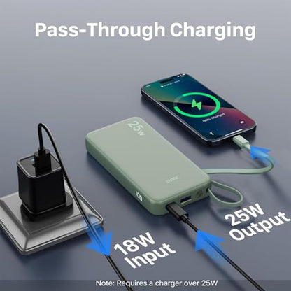 JUOVI 25W Portable Charger 10000mah Power Bank Built-in USB-C Cable - color: Green