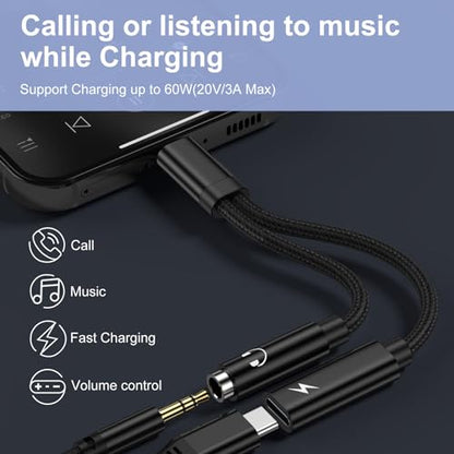USB C to 3.5mm Headphone and Charger Adapter for Samsung Galaxy A17 A16 S26 - color: black