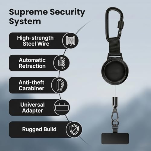 2Pack Anti theft Phone Tether, Retractable Phone Lanyard with Steel Cable, Locking Carabiner & 360° Swivel, Universal Phone Tether Tab for Outdoor Skiing Hiking Climbing Fishing, Black