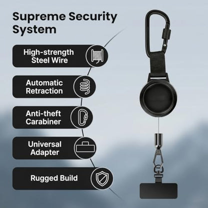 2Pack Anti theft Phone Tether, Retractable Phone Lanyard with Steel Cable, Locking Carabiner & 360° Swivel, Universal Phone Tether Tab for Outdoor Skiing Hiking Climbing Fishing, Black