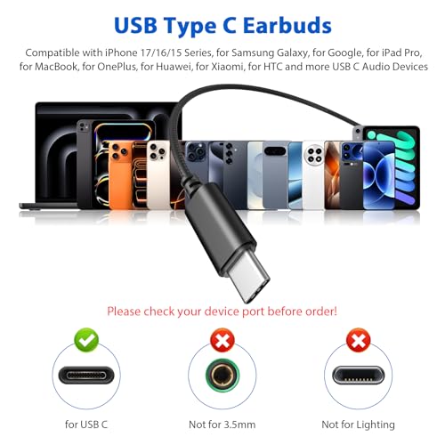 APETOO USB C Headphones Earbuds with Earhook Mic & Volume Control Black - color: Black