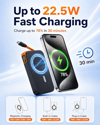 for Magsafe Portable Charger, 3-in-1 Magnetic Power Bank with Stand, 10000mAh Wireless Battery Pack Fast Charging with Built in Cable(USB C), Powerbank for iPhone17/16/15/14/13 Travel & Daily, Green | Built-in USB C Cable, Foldable Stand for Viewing, Up t