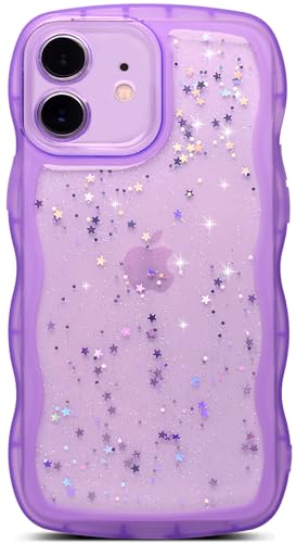 Qokey for iPhone 12 Case 6.1" Curly Wave Edge Design Transparent Bling Glitter Star Shiny Cute Clear Transparent Full Protection Soft TPU Shockproof Phone Cover for Women Girls, Purple - color: Purple, size: for iPhone 12