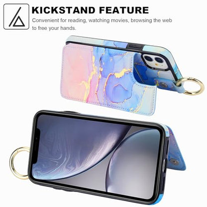 HAOPINSH for iPhone 11 Wallet Case with Card Holder, Pink Blue Marble Print Back Flip Folio PU Leather Kickstand Card Slots Case, Finger Grip Ring Double Magnetic Clasp Shockproof 6.1" - color: Pink Blue Marble Grip Ring