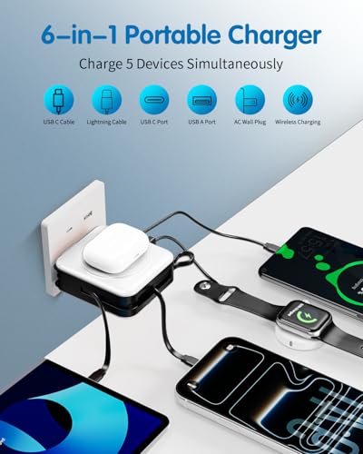 10000mAh for Magsafe Portable Charger Built-in Cables & AC Wall Plug,White | 6-in-1,PD 22.5W USB C Fast Charging,15W Magnetic Wireless Charging,Charge 5 devices at once,LED Display Travel Power Bank - color: White
