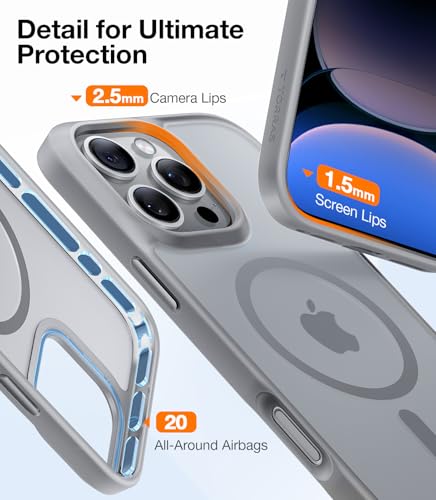 TORRAS Stronger Magnetic for iPhone 16 Pro Case, Translucent Titanium Gray | Compatible with MagSafe, Military Grade Drop Protection, Shockproof Airbag, Camera Control, Color Button, Slim Anti-Scratch - color: Natural Titanium Gray