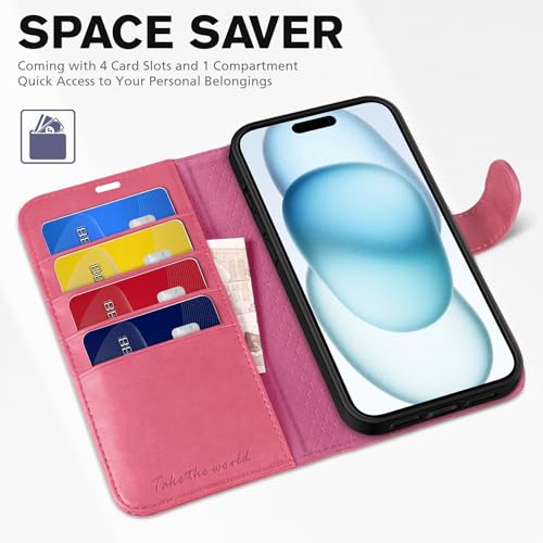 TUCCH Wallet Case for iPhone 15 (6.1") 2023, Flip Stand, Hot Pink | RFID Blocking, 4 Card Holders, Kickstand, PU Leather, Shockproof TPU Shell, Magnetic Closure, Protective Folio Cover - color: Hot Pink