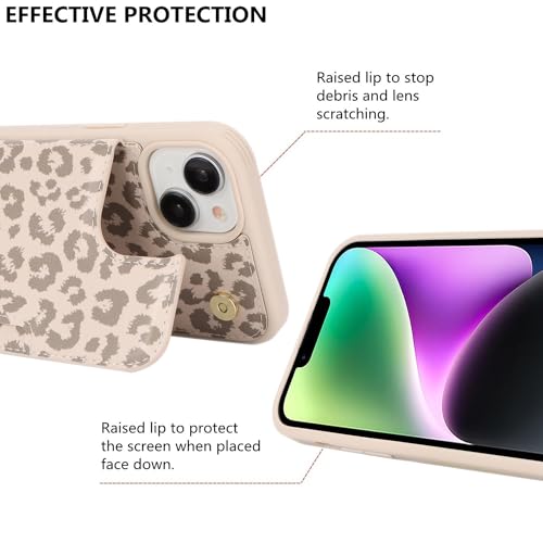 iCoverCase Compatible with iPhone 14 Case with Card Holder, Wallet Case for Women Men RFID Blocking PU Leather Protective Phone Case 6.1 Inch (Beige Leopard) - color: Beige Leopard