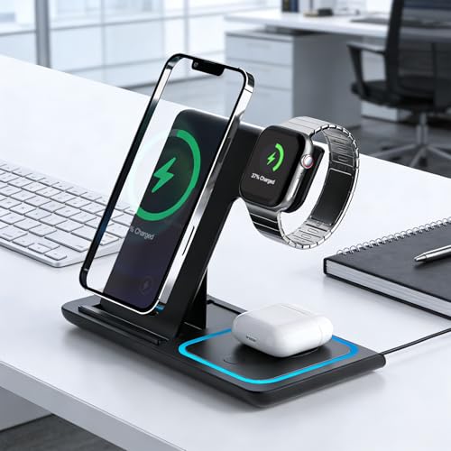 3 in 1 Portable Wireless Fast Charger for Apple & Android, Wireless Charging Station for iPhone17 16 15 14 13 12, Apple Watch & Air pods 4 3 2 Pro, Samsung Galaxy, Black - color: Black