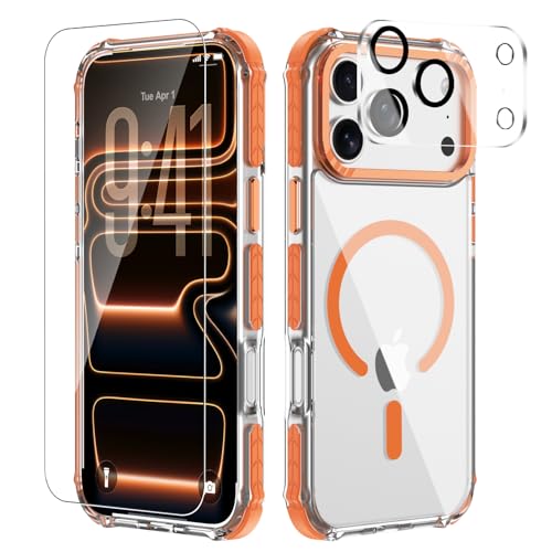 for iPhone 17 Pro Max Case with Tempered Glass & Lens Protector, Compatible with MagSafe, Military Grade Shockproof with 4-Air Corner & Anti-Slip Orange Frame, Magnetic Anti-Yellowing Case - color: Clear-Orange, size: iPhone 17 Pro Max
