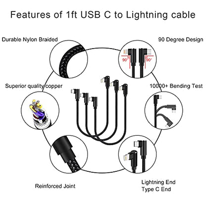 USB C to Lightning Cable 1ft MFi Certified 90 Degree iPhone Charger 3 Pack - size: 1FT