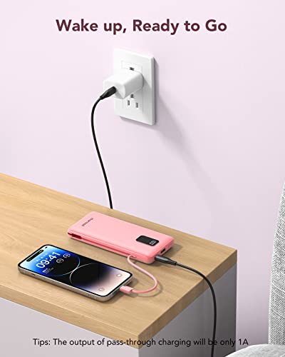 charmast Portable Charger Power Bank Built in Cables,10000mAh Battery Pack | with AC Wall Plug,LED Display & 5 Outputs,Travel Camping Essentials Slim External Phone Charger for iPhone,Samsung,Android - color: Pink