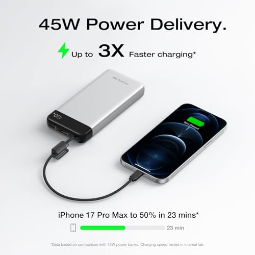 EF ECOFLOW Rapid 20000mAh Power Bank, 45W Max Fast Charging,Portable Phone Charger Built in USB C Cable and USB-C&A Port Digital Display Battery Bank for iPhone 17/16/15 Series, Samsung S23 ipad 11 - color: Sliver