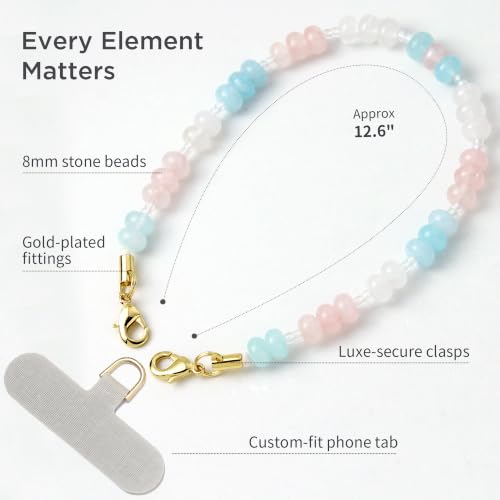 POSADINA Natural Stone Phone Charm, Beaded Healing Phone Wrist Strap, Handmade Cellphone Chain Lanyard with Tether Tab - color: Cotton Candy