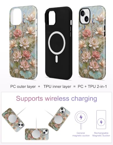 Magnetic Flower Phone Case for iPhone 15 Pro, Pink Lotus | Compatible with MagSafe, Cute Stained Glass Floral Aesthetic Design, TPU and PC Protective Shockproof Cover - color: Pink Lotus