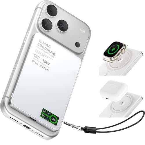 Portable Charger for Apple Watch & iPhone 17/16/15/14, 5000mAh 15W Fast Wireless Magnetic Power Bank with Built-in USB-C Cable, Ultra Slim 3-in-1 Mag-Safe Battery Pack with Smart LCD Display (White) - color: White