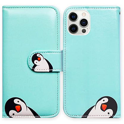 Bcov Case for iPhone 13 Pro, Black Penguin Leather Flip Phone Case Wallet Cover with Card Slot Holder Kickstand for iPhone 13 Pro - color: Black White Penguin