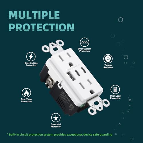 TOPELER 6.0A USB C Wall Outlet, 15A TR Receptacle with USB-C/A Port, 4 Pack - color: White, size: 15A