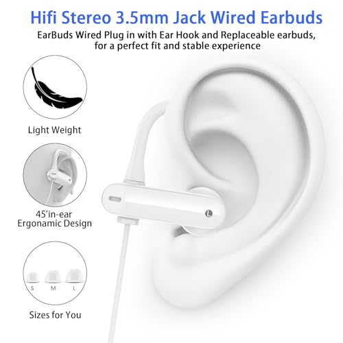 Wired Over Ear Earbuds with Microphone Ear Hook,3.5mm Headphones - color: White