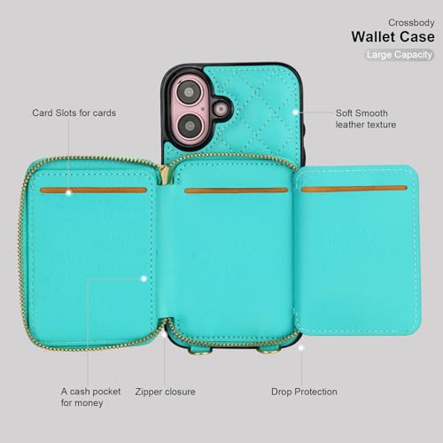 Bocasal Crossbody Wallet Case Card Holder for iPhone 16, Mint Green | RFID Blocking PU Leather Zipper Handbag Purse, Kickstand Flip Folio Case with Card Slots Holder Wrist Strap Lanyard 6.1 Inch - color: Green