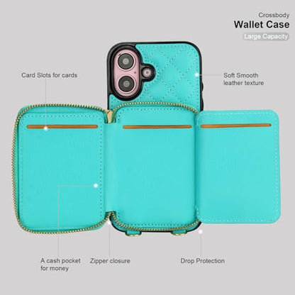 Bocasal Crossbody Wallet Case Card Holder for iPhone 16, Mint Green | RFID Blocking PU Leather Zipper Handbag Purse, Kickstand Flip Folio Case with Card Slots Holder Wrist Strap Lanyard 6.1 Inch - color: Green
