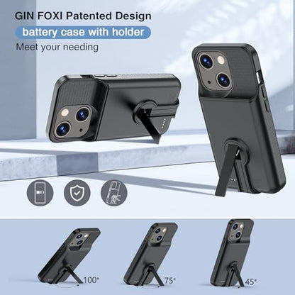 GIN FOXI Battery Case for iPhone 15/15 Pro, Rechargeable Charging Case with Stand 7000mAh Ultra-Slim Anti-Fall Protection Extended Battery Pack Juice Box for iPhone 15/15 Pro 6.1" Black - size: for 15/15 Pro