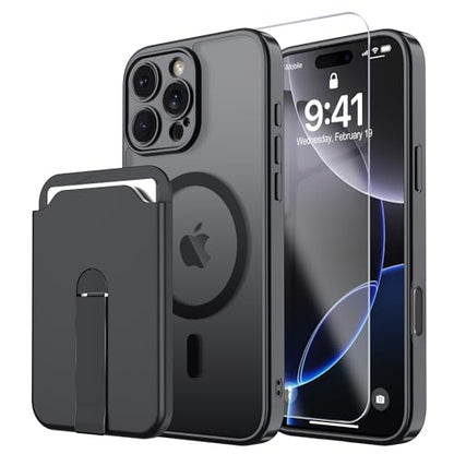 Magnetic for iPhone 16 Pro Case with Screen Protector+Removable Wallet | Compatible with MagSafe,Slim Translucent Matte Phone Cover with Magnet Credit Card Holder,Black - color: z Black