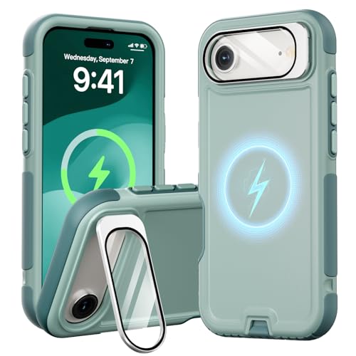 Follaroma Magnetic for iPhone 17 Air Case with Camera Stand, Green, 6.5" | Built-in Glass Camera Cover,Compatible with MagSafe,Heavy Duty Shockproof Protective,Military-Grade Anti-DropDual Layer Cover - color: Green, size: iPhone 17 Air 6.5''