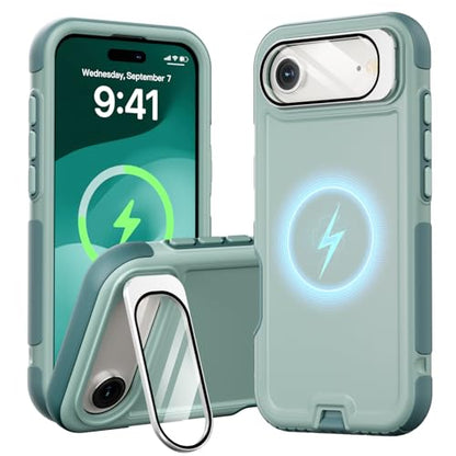 Follaroma Magnetic for iPhone 17 Air Case with Camera Stand, Green, 6.5" | Built-in Glass Camera Cover,Compatible with MagSafe,Heavy Duty Shockproof Protective,Military-Grade Anti-DropDual Layer Cover - color: Green, size: iPhone 17 Air 6.5''