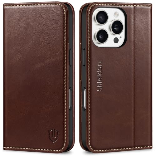 SHIELDON Real Leather Case Wallet for iPhone 16 Pro 6.3" 2024, Retro Coffee | Magnetic Closure, RFID Blocking, Credit Card Slot, Kickstand, Flip Book Design, Soft Shockproof Phone Cover - color: Retro Coffee