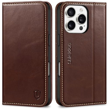 SHIELDON Real Leather Case Wallet for iPhone 16 Pro 6.3" 2024, Retro Coffee | Magnetic Closure, RFID Blocking, Credit Card Slot, Kickstand, Flip Book Design, Soft Shockproof Phone Cover - color: Retro Coffee