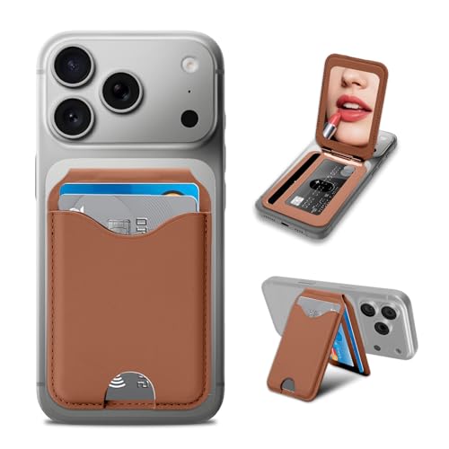Upgraded for MagSafe Wallet with Makeup mirror，Stronger Magnetic rfid blocking Wallet for iPhone Air 17 16 15 14 13 12 Pro Max,4 Cards Holder with Adjustable Stand(Brown) - color: Brown