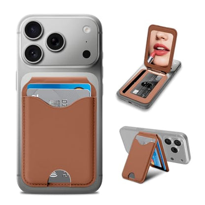 Upgraded for MagSafe Wallet with Makeup mirror，Stronger Magnetic rfid blocking Wallet for iPhone Air 17 16 15 14 13 12 Pro Max,4 Cards Holder with Adjustable Stand(Brown) - color: Brown