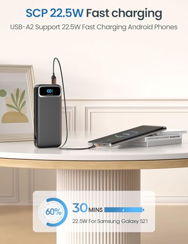 aonidi Portable Charger 12000mAh with Built-in Cables&AC Wall Plug, Black - color: Pitch Black