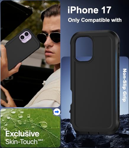 for iPhone 17 Case with Belt Clip Holster,[Compatible with MagSafe] w/Screen Protector,Anti-Drop Shockproof Heavy Duty Protective Rugged Magnetic Phone Cover,with 360°Rotating Kickstand (Black - color: Black