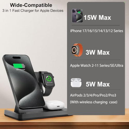 3 in 1 Wireless Charging Station for Apple Magsafe Charger,Magnetic Wireless Charger Stand for iPhone 12-17 Series,Wireless Charging Stand for Airpods,Apple Watch