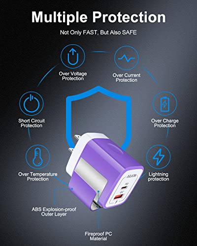 3Pack Dual Port USB-C Wall Plug-in USBC Charger, AILKIN 20W Power Delivery - color: Purple