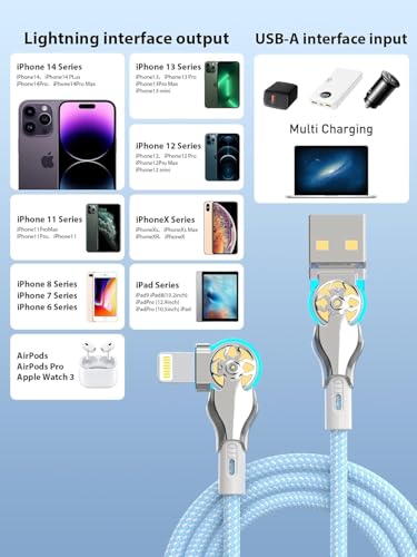 Bidirectional 90 Degree iPhone Charging Cable, 6FT 180°Rotating Left & Right Angle Lightning Charger Cable, High Speed Data Sync iPhone Charging Cord for iPhone 14/13/12/11/Pro/MAX/XR/XS/8/7/Plus/6S