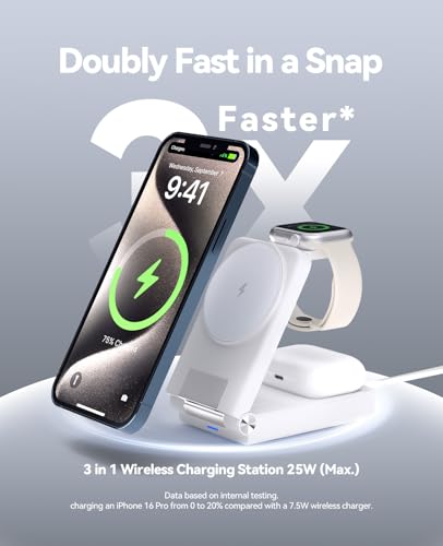 3 in 1 Charging Station, 25W Foldable Magnetic Fast Wireless Charger Stand