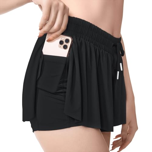 YLDUJ AMUM Womens Flowy Shorts with Pockets - color: Solid Black, size: Medium
