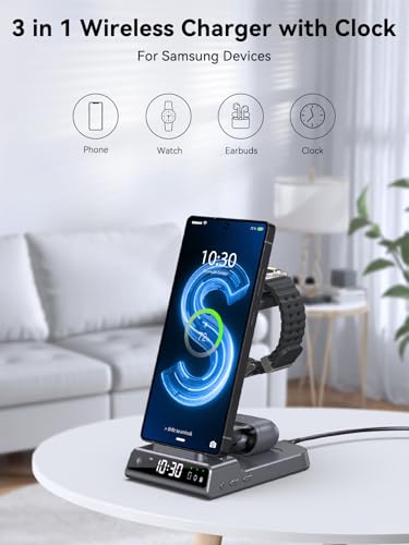 Wireless Charger for Samsung S25 with Clock 3 in 1 Android Charging Station - color: Grey