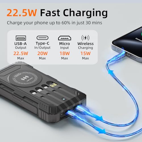 Solar Charger Power Bank 49800mAh Wireless Portable Phone Charger, 22.5W QC3.0 Fast Charging Built in 4 Cables with USB C 6 Outputs & 2 Inputs for All Cell Phone - color: Black