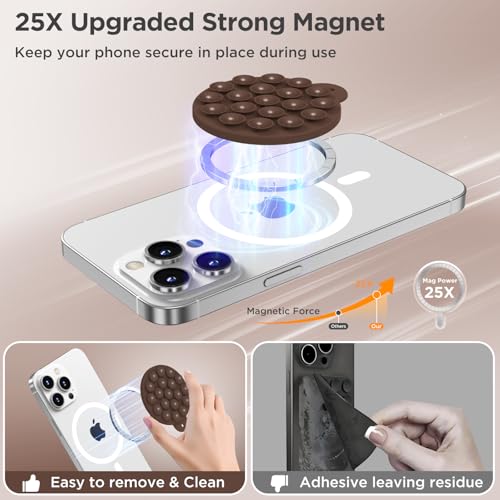 Magnetic Suction Cup Phone Mount with MagSafe, Silicone Hands-Free Grip Holder for iPhone Case and Android, Mirror Shower Phone Stand for Makeup FaceTime Gym Kitchen Bathroom, Chocolate - color: Chocolate